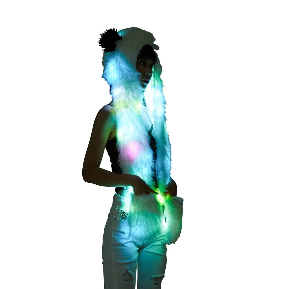 LED Light Up Panda Hat Scarf Gloves Faux Fur Spirit Hood w/ Paws Cosplay Costume - Picture 8 of 8